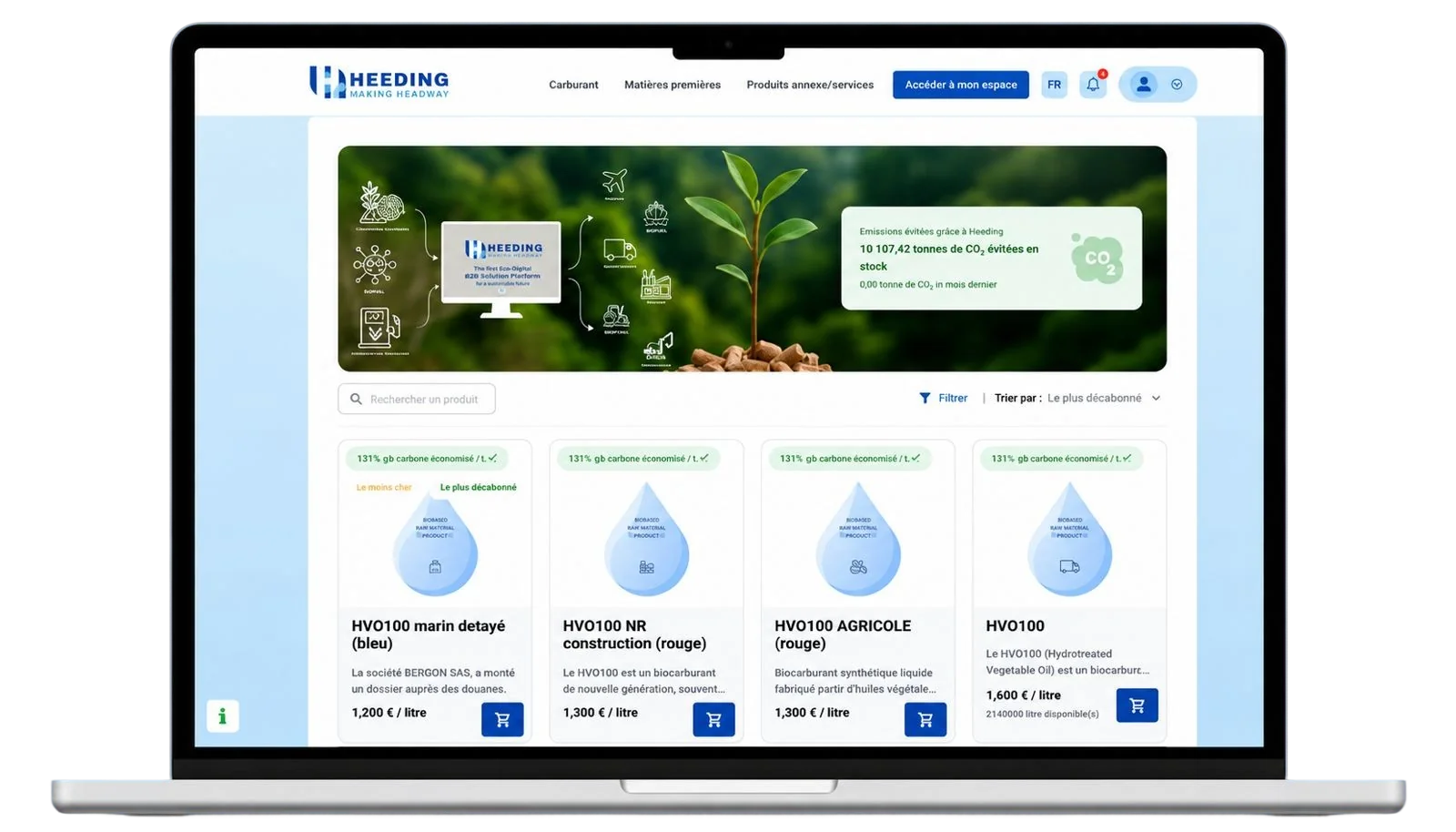 La plateforme Heeding affichée sur un ordinateur portable